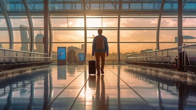 Un homme voyage à l'aéroport avec un sac photoshoot au coucher du soleil