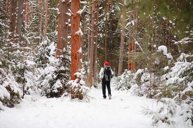 Un homme voyage avec un sac à dos en randonnée hivernale dans la forêt touristique lors d'une promenade en hiver dans le parc