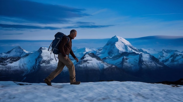 Un homme voyageant avec un sac à dos en randonnée dans les montagnes