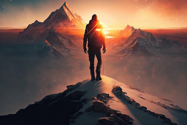 Homme avec vue sur le coucher de soleil derrière la chaîne de montagnes debout sur le sommet enneigé