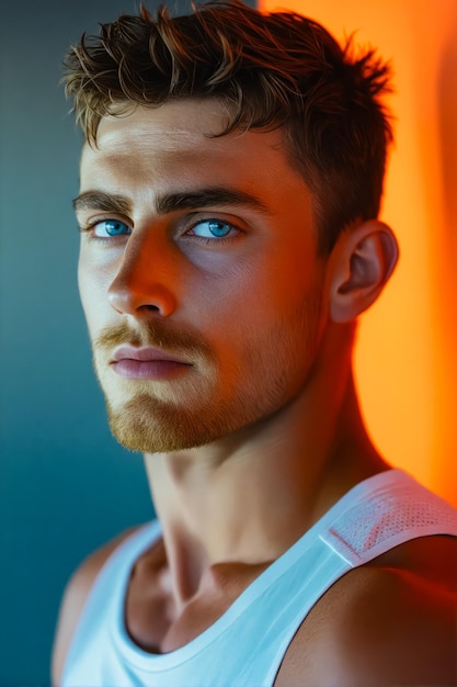 Photo un homme avec des yeux bleus et un tank top blanc