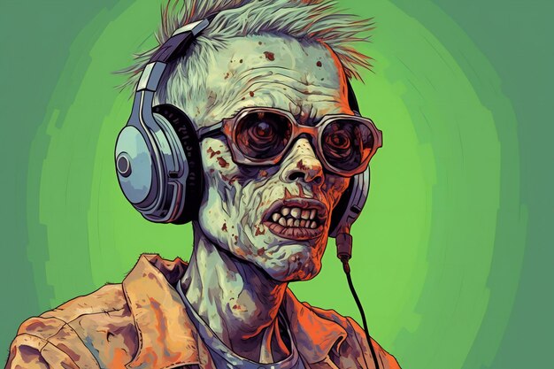 Un homme zombie avec des écouteurs qui écoute de la musique.