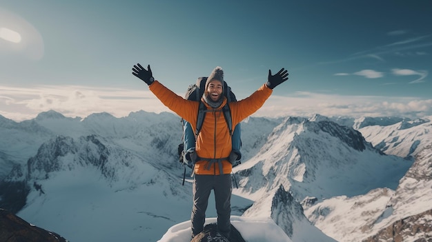 Des hommes de 30 ans habillés comme des hipsters marchent sur le sommet des montagnes heureux souriants forte énergie