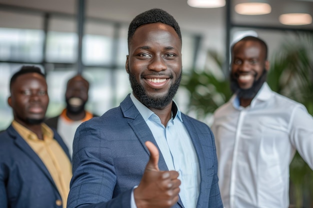 Des hommes d'affaires africains montrent le pouce en l'air au bureau