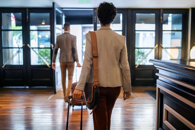 Des hommes d'affaires avec des bagages quittent l'hôtel.