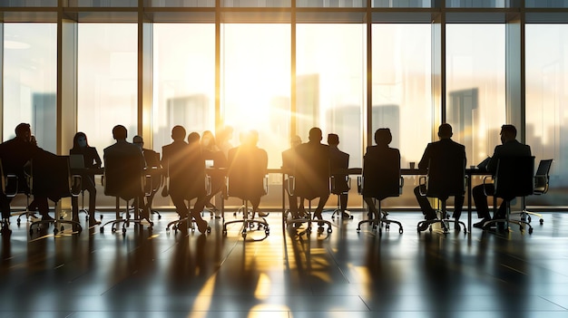 Des hommes d'affaires confiants assis dans une salle de conférence et regardant le paysage urbain au coucher du soleil