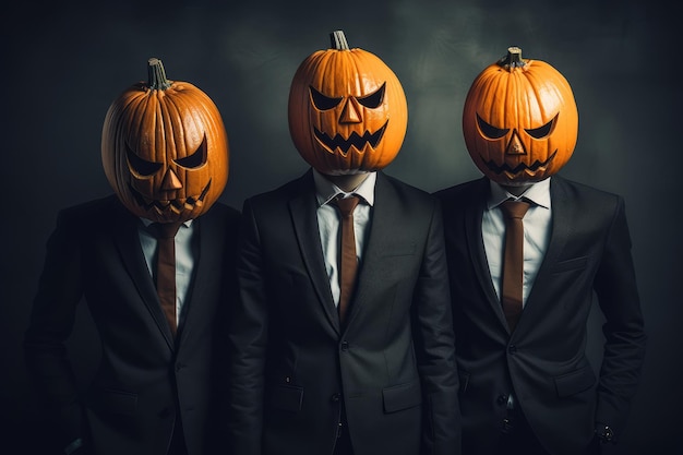 Hommes d'affaires en costume avec des citrouilles d'halloween au lieu de leurs têtes