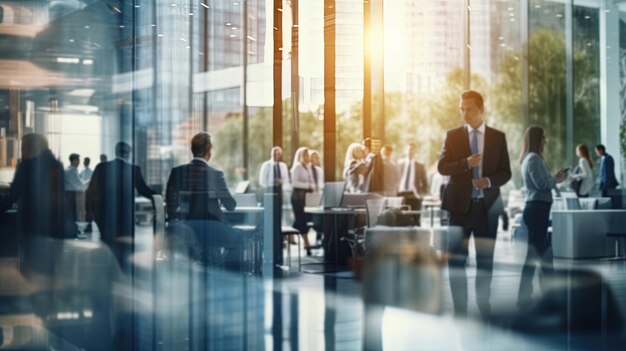 Des hommes d'affaires dans un bureau en verre blanc.