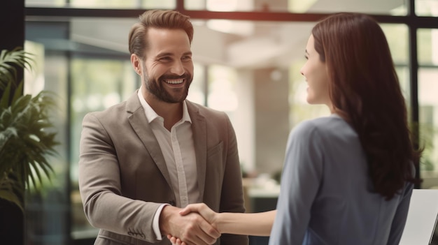 Hommes d'affaires et femme d'affaires se serrent la main lors d'une réunion de bureau Créé avec la technologie Generative AI