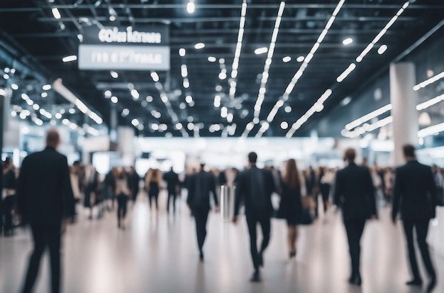 des hommes d'affaires flous lors d'un salon ou marchant dans une salle moderne