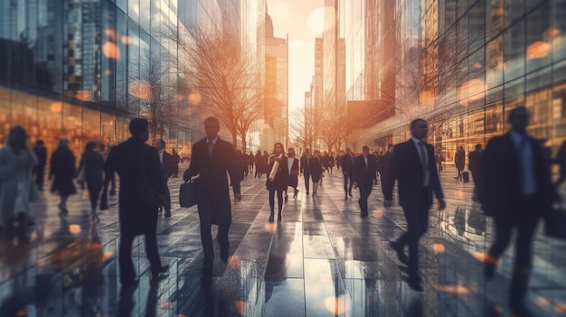 Des hommes d'affaires flous marchant dans la ville.