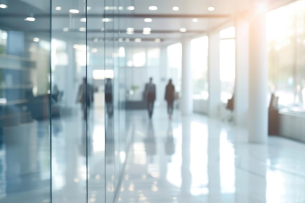 Des hommes d'affaires flous marchant vite dans le couloir du bureau.