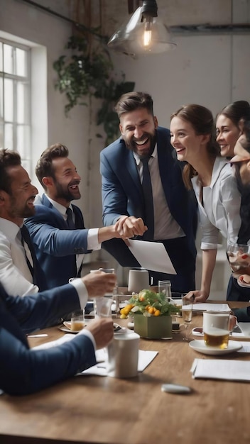 Des hommes d'affaires heureux célèbrent autour d'une table lors d'une réunion dans un bureau mobile