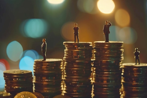 Les hommes d'affaires miniatures sur les pièces montrent l'inégalité des revenus dans l'entreprise