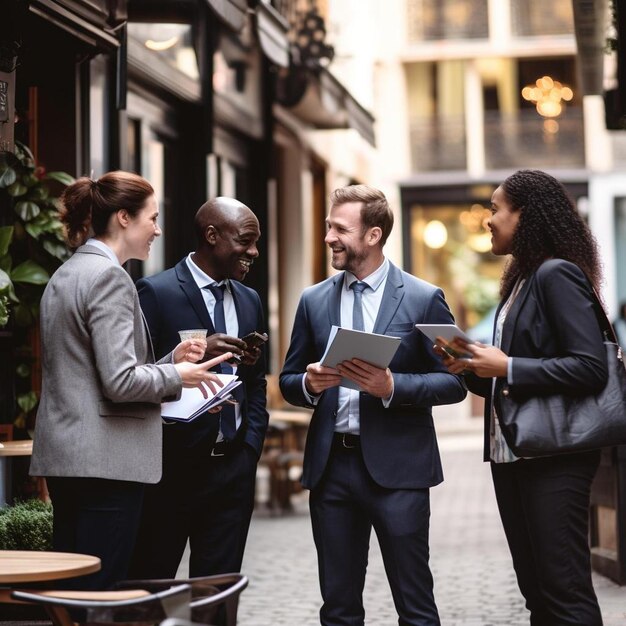 Des hommes d'affaires multiethniques se rencontrent dehors dans la rue.