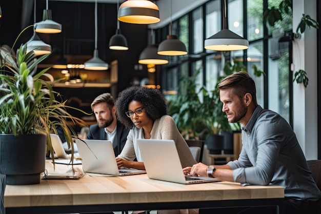 des hommes d'affaires multiethniques utilisant des ordinateurs portables sur leur lieu de travail dans un bureau moderne concept de travail d'équipe des hommes d'affaires multiethniques travaillant ensemble dans le bureau AI généré