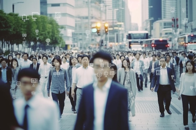 Les hommes d'affaires qui marchent sont suivis grâce à la technologie de reconnaissance faciale CCTV AI