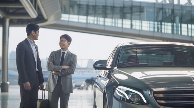 Photo des hommes d'affaires se rencontrent à l'aéroport avec une voiture de luxe