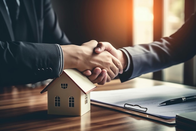 Hommes d'affaires se serrant la main dans une agence immobilière La conclusion d'une transaction commerciale avec l'immobilier Confirmation du contrat avec une poignée de main Hypothèque Location et achat d'une maison