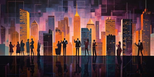 Des hommes d'affaires en silhouette debout avec une ville la nuit dans le style de collages multimédias mixtes