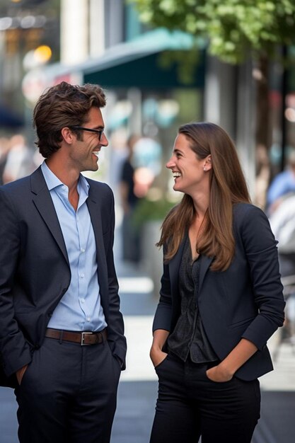 Des hommes d'affaires souriants parlant sur le trottoir de la ville.