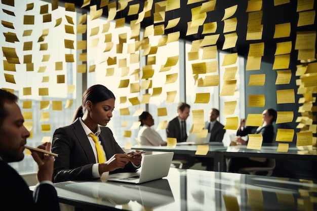 Des hommes d'affaires travaillant au bureau avec des notes collantes sur un mur de verre Des hommes daffaires lisant des notes collants au bureau Généré par l'IA