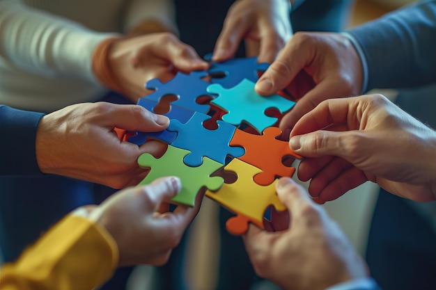 Des hommes d'affaires travaillant ensemble pour construire un puzzle en tant que travail d'équipe, partenariat et concept d'intégration