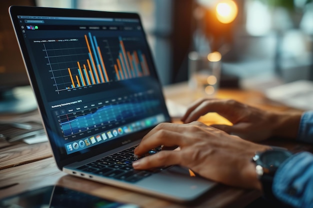 Des hommes d'affaires travaillant sur un ordinateur portable avec des diagrammes graphiques sur l'IA du marché boursier