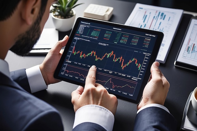 Les hommes d'affaires travaillent avec des investissements boursiers en utilisant des tablettes pour analyser les données de négociation