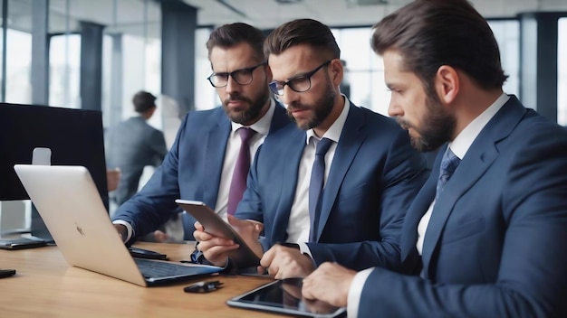 Des hommes d'affaires travaillent sur une tablette au bureau.