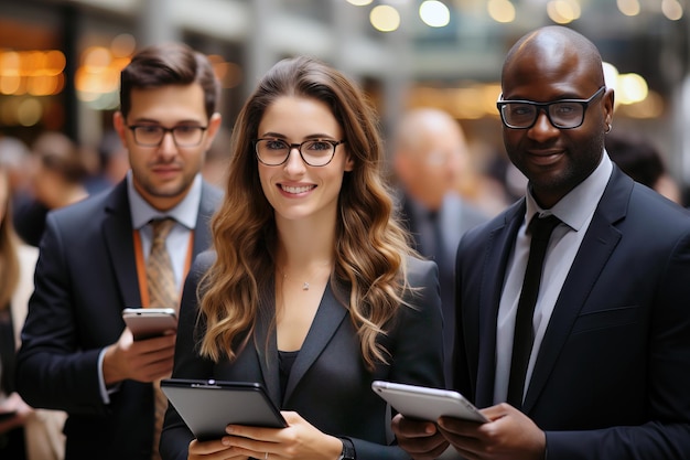 Des hommes d'affaires en veste, un homme et une femme utilisent des tablettes, travaillent ensemble sur un projet.