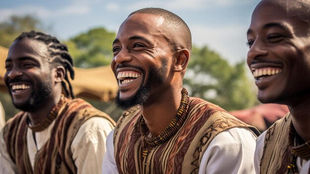 hommes africains souriants en vêtements traditionnels à l'extérieur