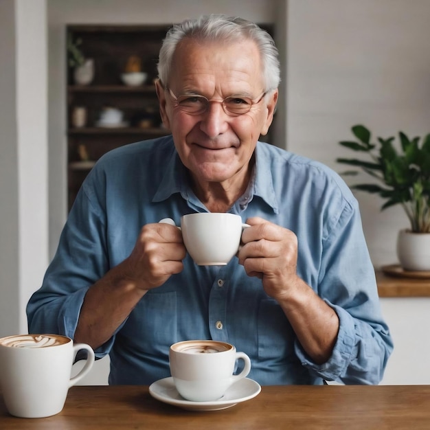 Les hommes âgés se sentent heureux en buvant du café le matin en profitant du temps dans leur maison.