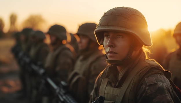 Les hommes de l'armée travaillent à l'extérieur au coucher du soleil avec des armes générées par l'IA