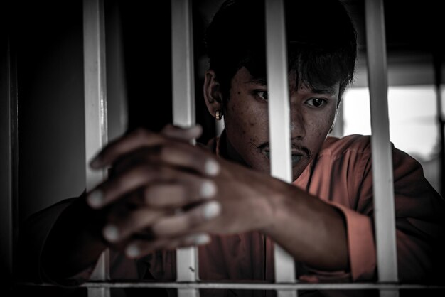 Hommes asiatiques désespérés d'attraper le concept de prisonnier de prison de fer