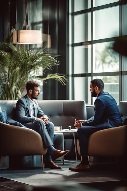 Des hommes assis dans un café, dont l'un a une plante verte en arrière-plan.