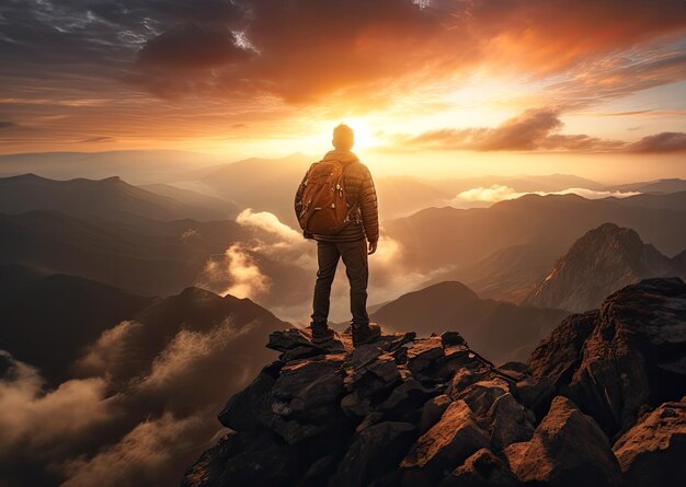 Des hommes au sommet d'une montagne au lever du soleil.