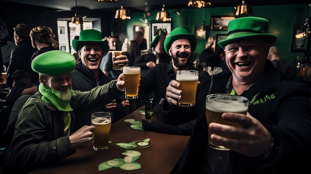 Des hommes en chapeaux verts tenant de la bière dans un bar Symbole de couleur verte de la fête de Saint-Patrick