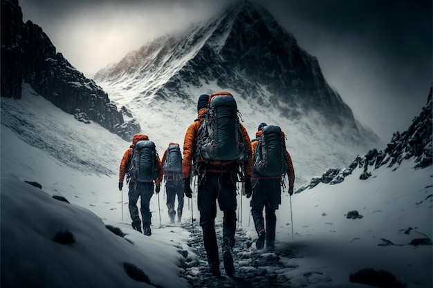 Des hommes courageux escaladant une montagne épique de pluie de neige de montagne enneigée par mauvais temps