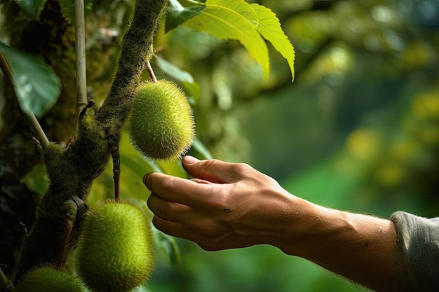 Des hommes cueillent des kiwis frais au milieu de la forêt