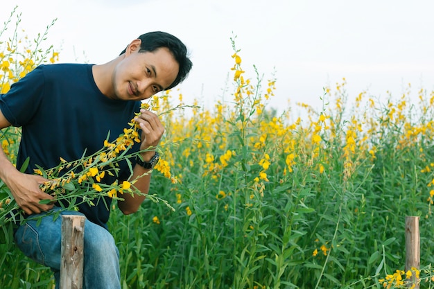 Hommes dans la belle fleur de Sunhemp dans le jardin