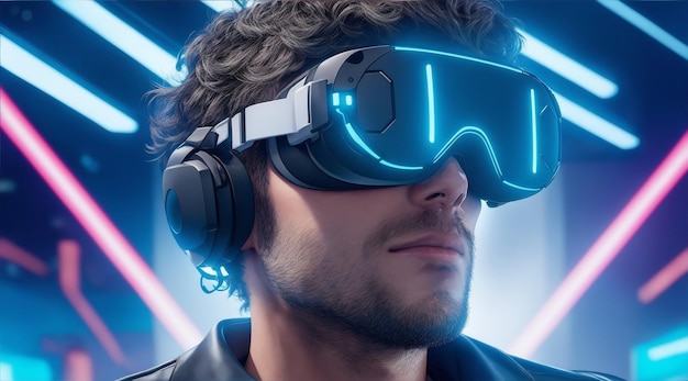Des hommes dans un simulateur VR futuriste portant des lunettes de protection de Generative AI