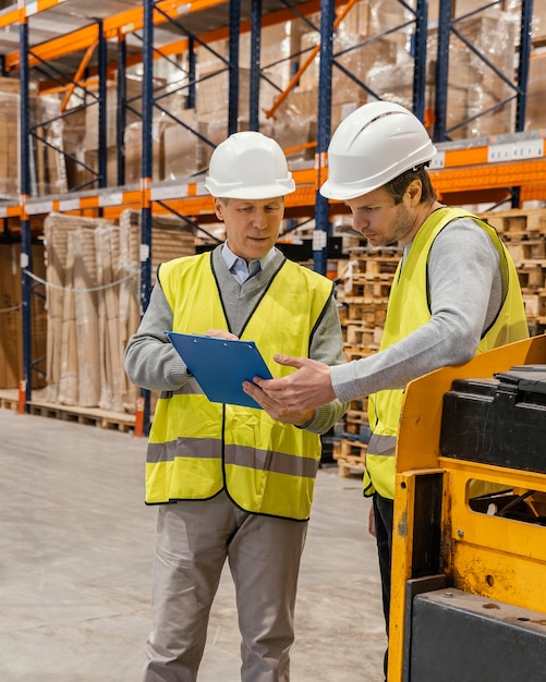 Les hommes en entrepôt travaillant