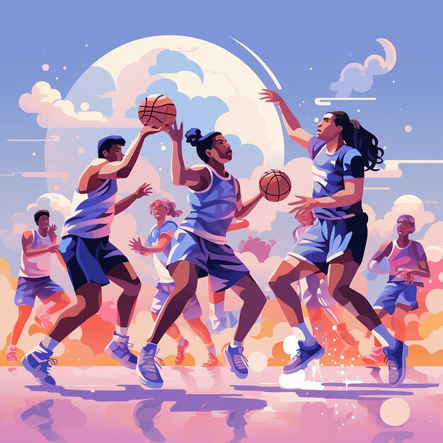 Les hommes de l'équipe de basket-ball jouant à l'illustration vectorielle de conception plate