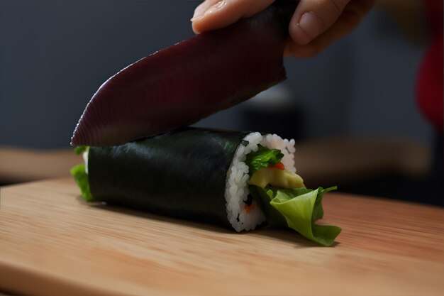 Photo hommes faisant des sushis rouleaux de sushi délicats