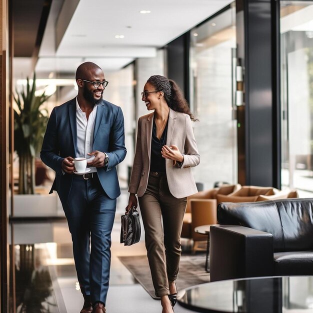 Des hommes et des femmes entrepreneurs discutent en marchant ensemble dans le salon d'un hôtel.