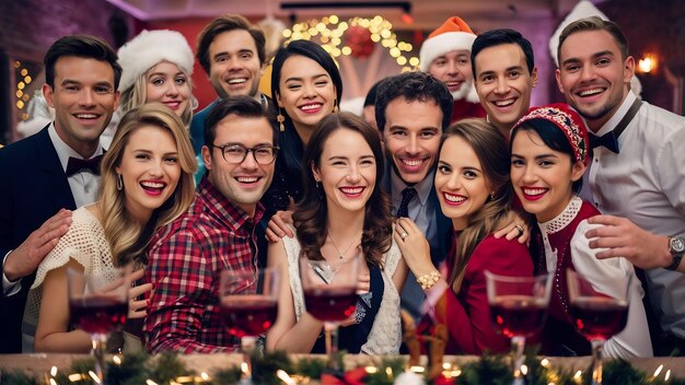 Des hommes et des femmes européens souriants lors d'une séance photo de fête