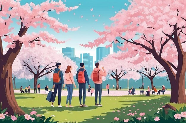 Des hommes et des femmes mignons et heureux regardant les cerisiers en fleurs dans le parc de la ville. Des gens souriants regardant le sakur en fleurs.