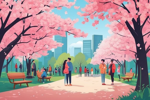 Des hommes et des femmes mignons et heureux regardant les cerisiers en fleurs dans le parc de la ville. Des gens souriants regardant le sakur en fleurs.