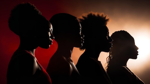 Des hommes et des femmes noirs, africains et afro-américains en silhouette, la tête en profil en l'honneur de Juneteenth Generative AI